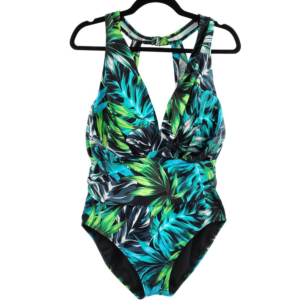 Aqua Green Tropical Blue Black & Green Leaf Print One Piece Swimsuit Women's XL